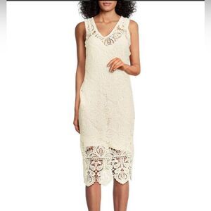 Design History Saks OFF 5TH Crochet Midi Sheath Dress Cream Lace Size Medium